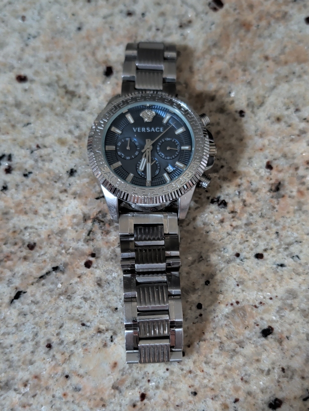 Versace Silver Stainless Steel Chronograph Watch with Black Dial